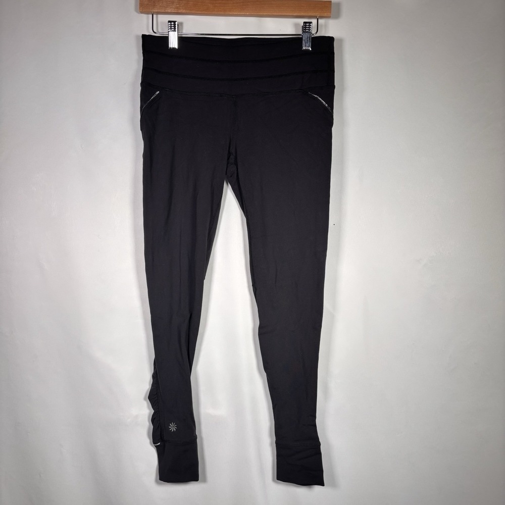 Athleta Leggings Womens Small Ruched Black Logo Athleisure Relay Performance Zip